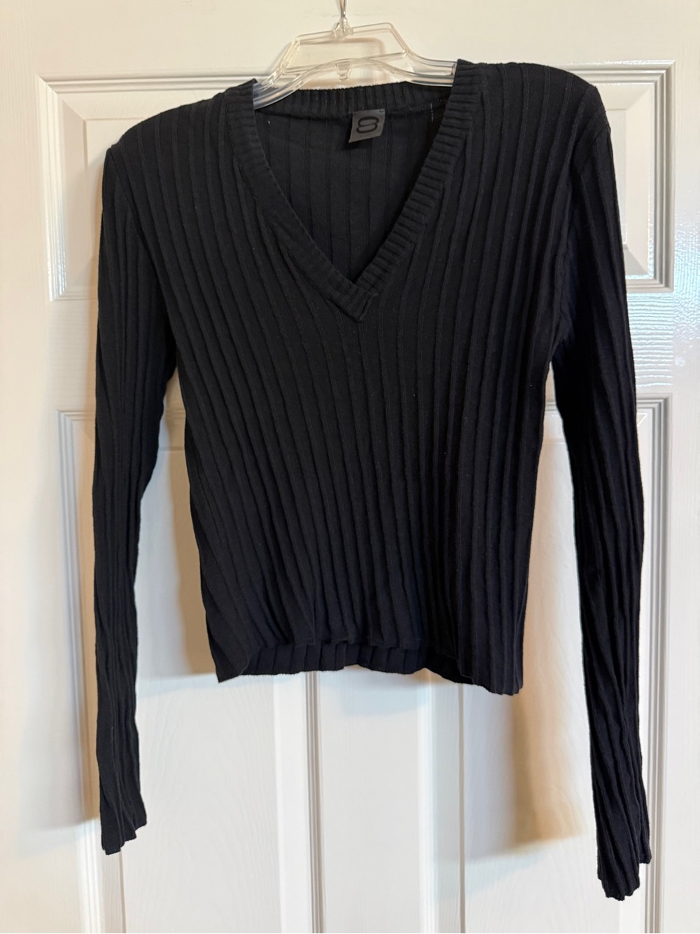 8 BY YOOX Black Ribbed V-Neck Long Sleeve Sweater 100% Cotton Sz S